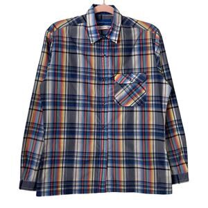 Vintage Obermeyer Top‎ Womens Medium Blue Madras Plaid Nylon Shirt Retro Outdoor